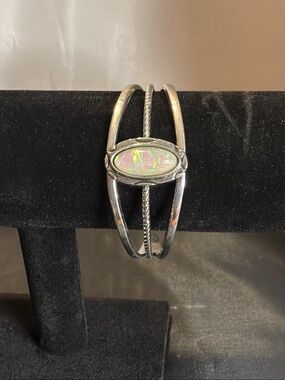Silver inspired  Opal Cuff Bracelet - Iridescent White Stone